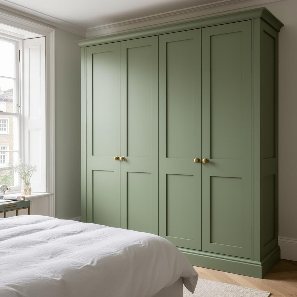 Sage green multi-panel shaker hinged fitted wardrobe