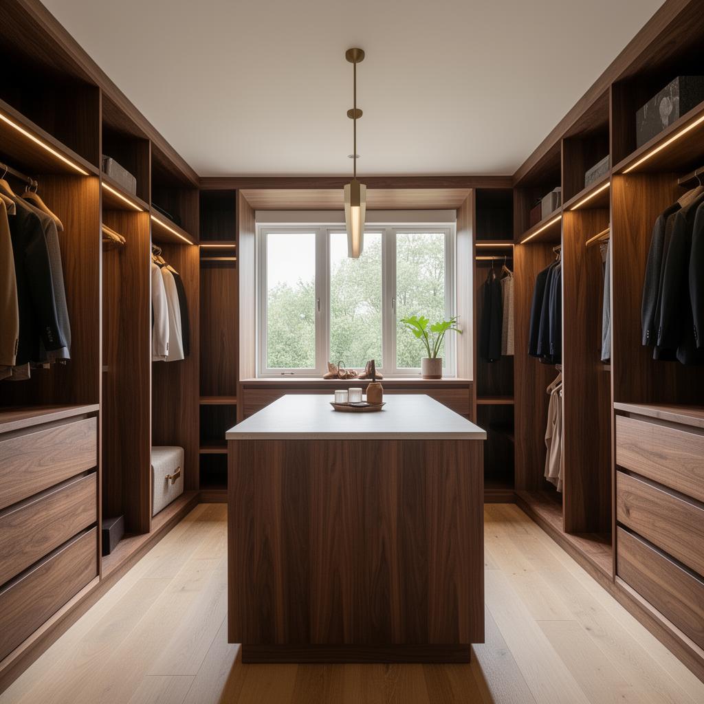 Open walk-in dressing room with full-height hanging