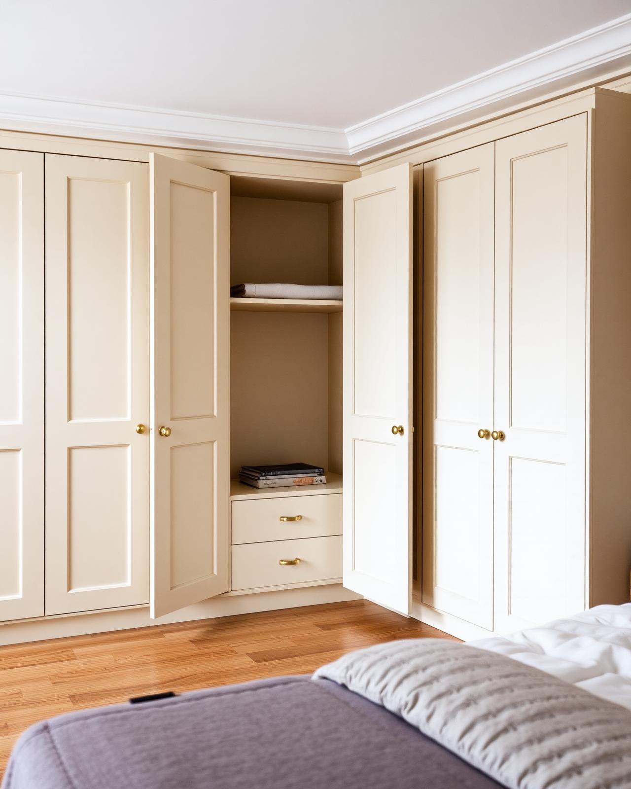 Single-panel hinged fitted wardrobe in warm white laminate