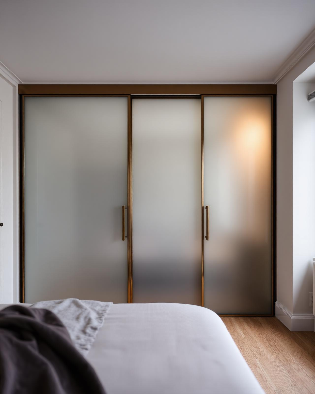 Frosted glass sliding wardrobe doors in bronze frames