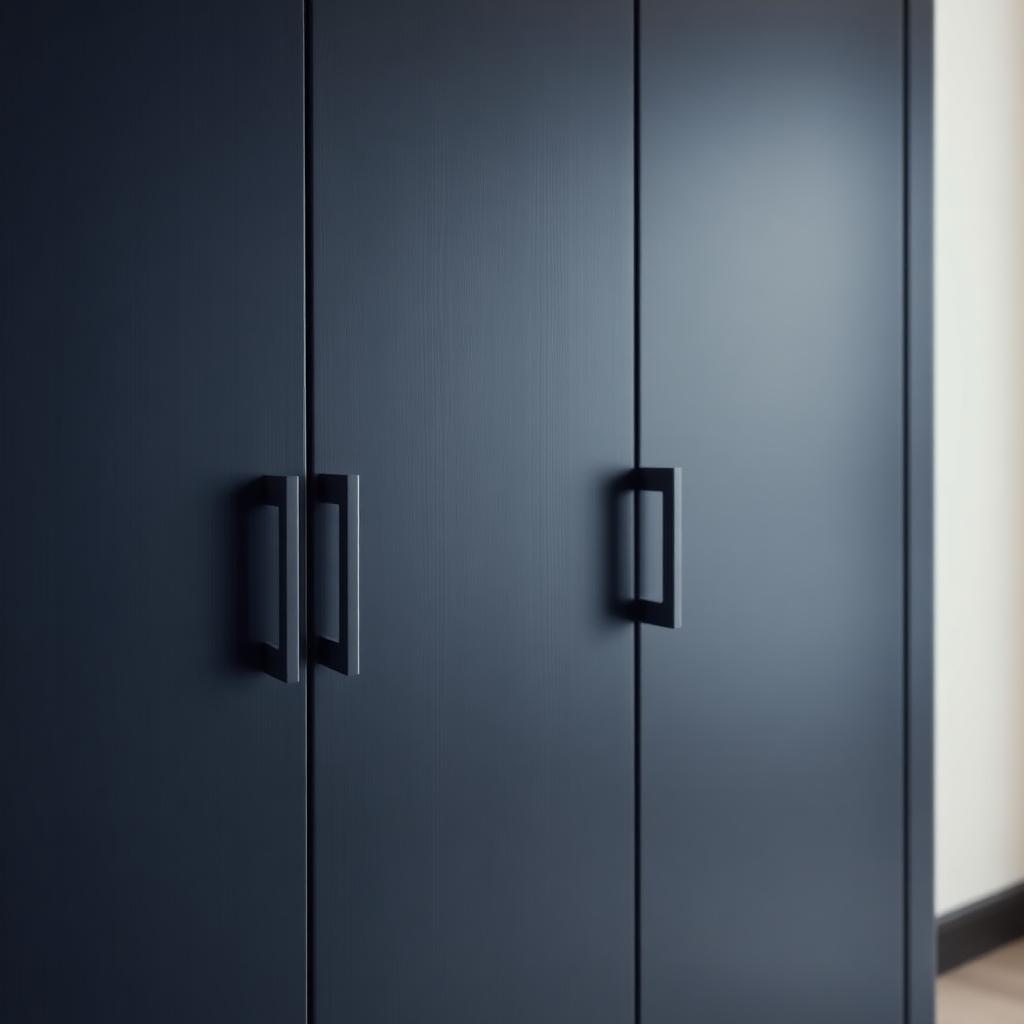 Close-up of matt navy flush slab doors with crisp shadow gap