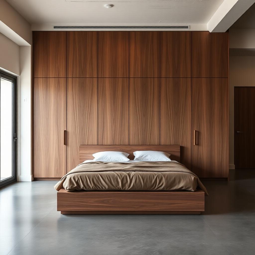 Walnut wood-grain flush wardrobe wall behind a platform bed