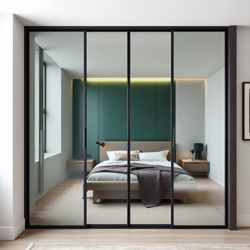 Clear glass sliding wardrobe doors with deep green back panel