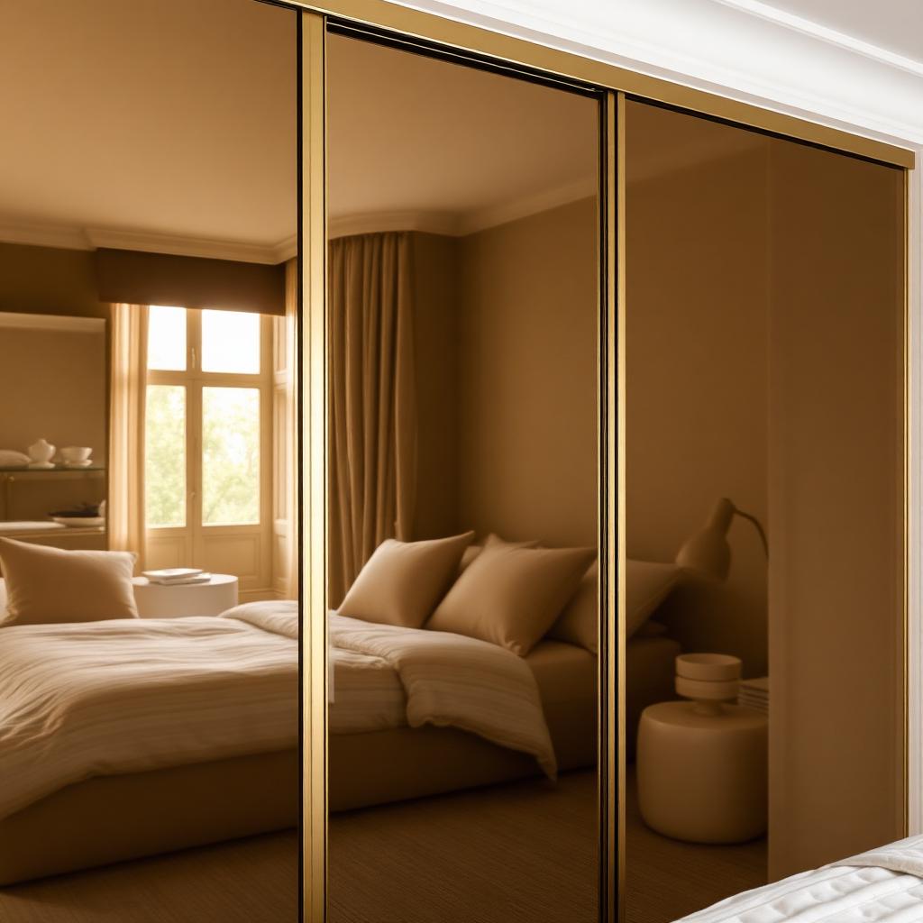 Bronze tinted mirrored sliding doors reflecting a warm bedroom