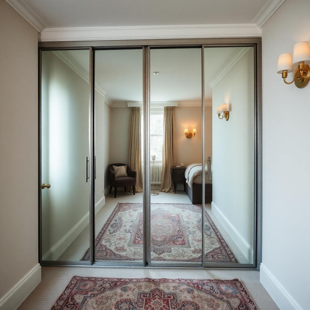 Plain silver mirrored sliders bouncing daylight across a London bedroom