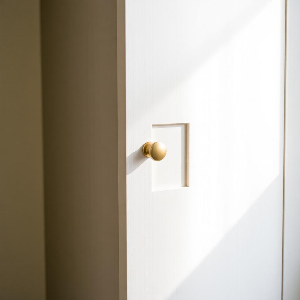 Single recessed panel detail with brass knob on a warm white door