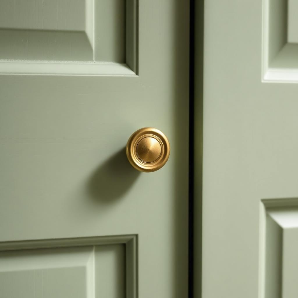 Close-up of sage green shaker door panel with unlacquered brass knob