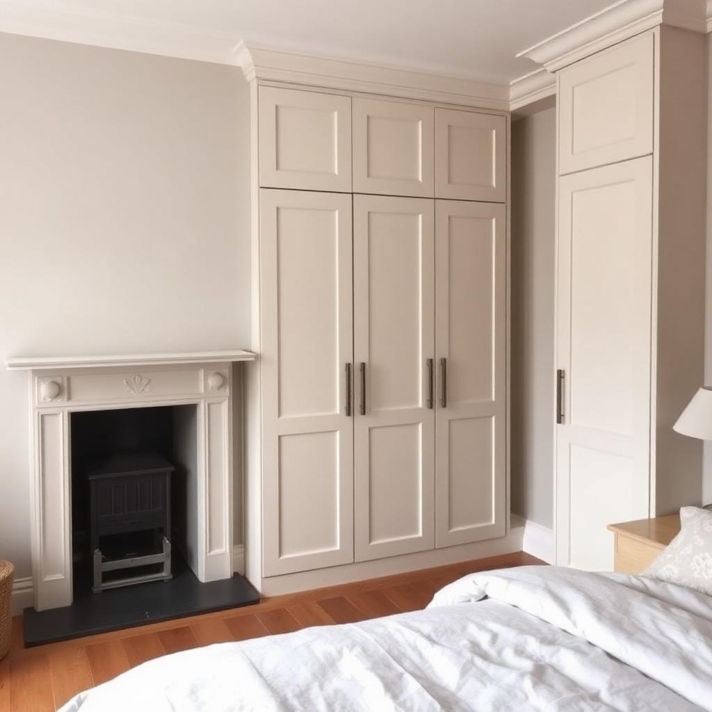 Three-panel off-white shaker wardrobe in a London alcove beside a fireplace