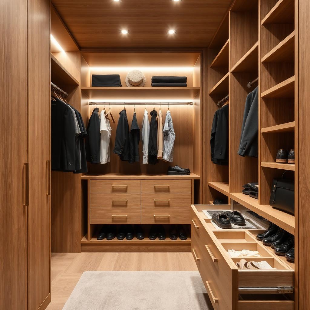 Interior of an open walk-in dressing room with zoned hanging, drawers and shoe trays