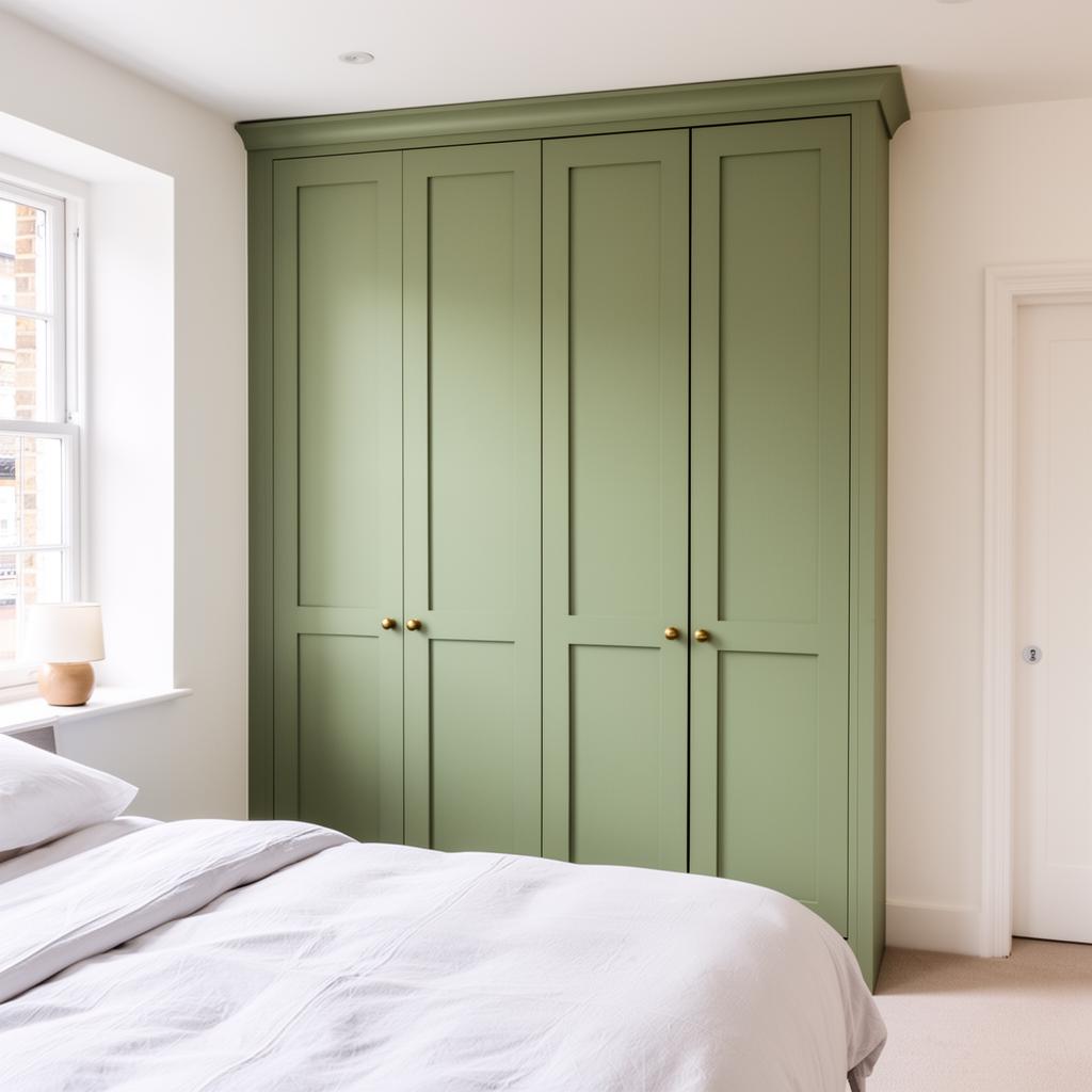 Sage green shaker fitted wardrobe installed in a bright Clapham bedroom