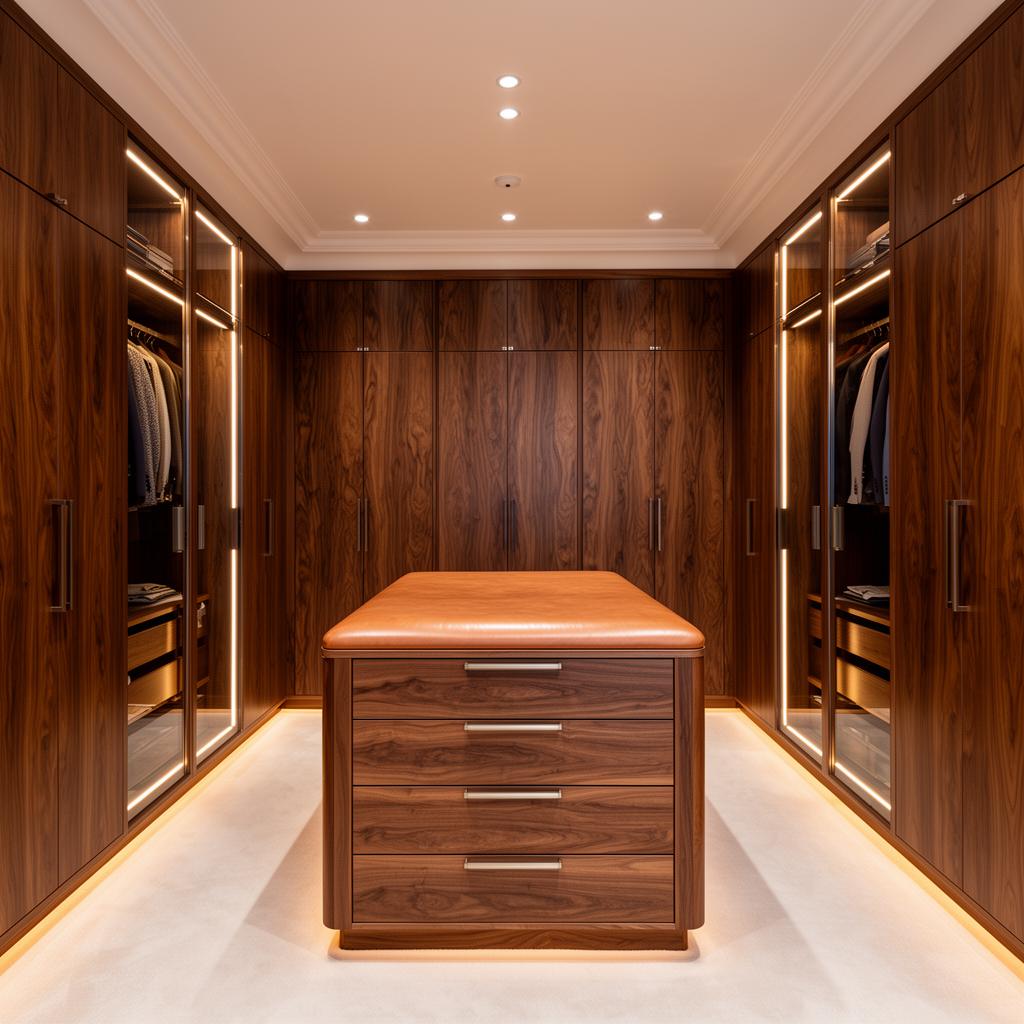 Walnut walk-in dressing room with central island in a Highbury home