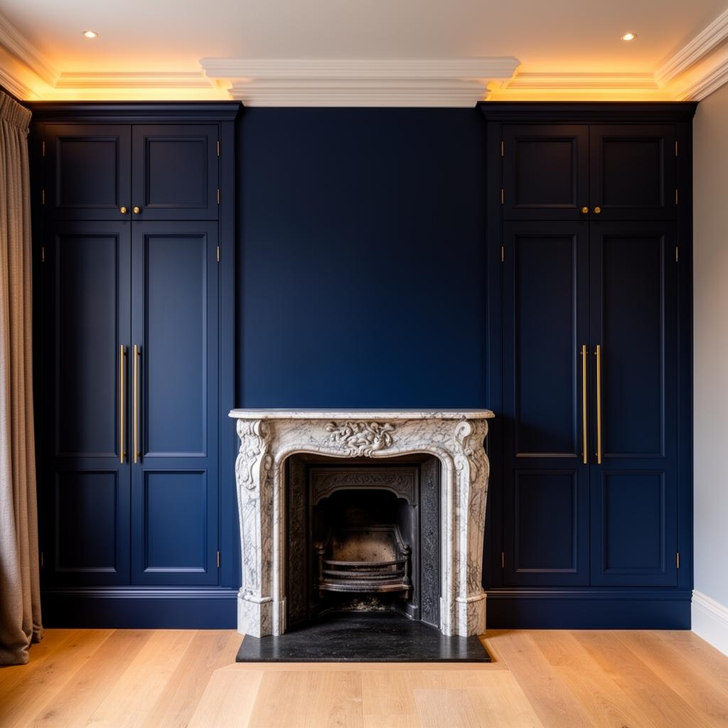 Navy blue fitted alcove wardrobes flanking a fireplace in East Dulwich