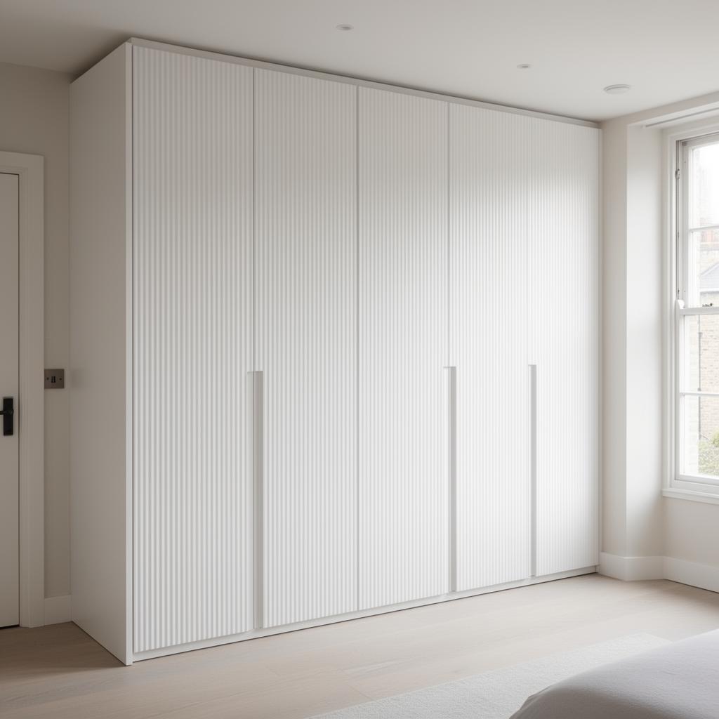 Floor-to-ceiling fluted white wardrobes in a minimalist Hackney apartment