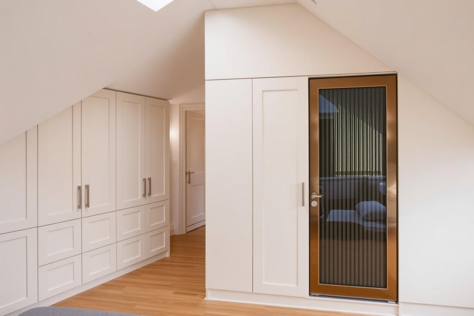Angled-frame eaves wardrobes and a fluted-glass sliding wardrobe in a London loft conversion