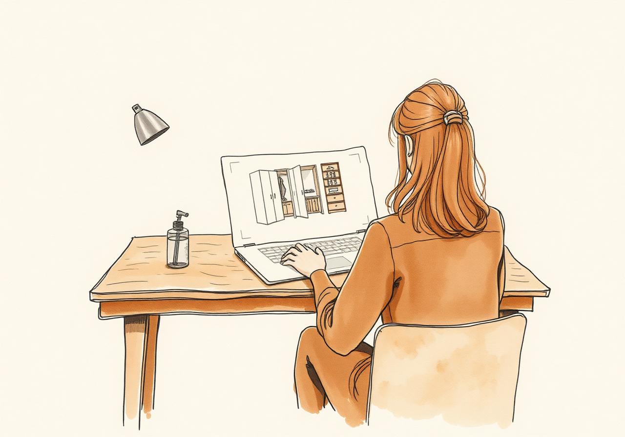Sketching wardrobe dimensions next to a laptop on a warm wooden desk