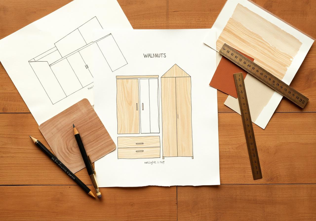Scaled wardrobe drawings on oak desk with walnut veneer swatches and brass ruler