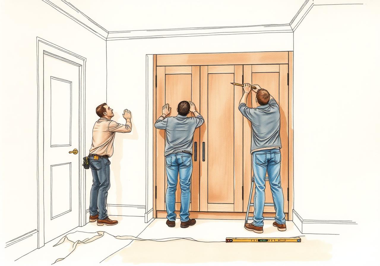Two installers fitting a walnut wardrobe into a London bedroom alcove