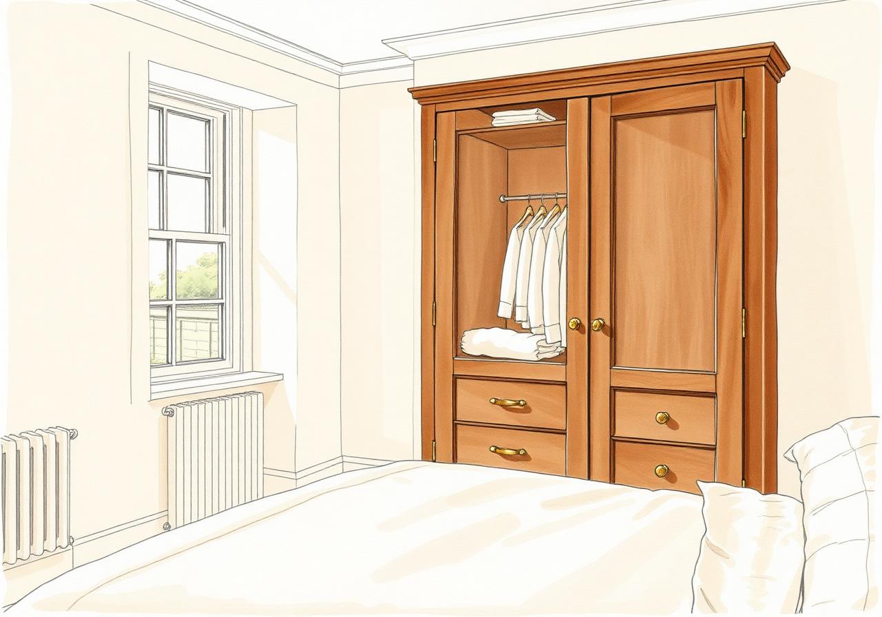 Finished walnut fitted wardrobe with brass pulls in a calm cream bedroom