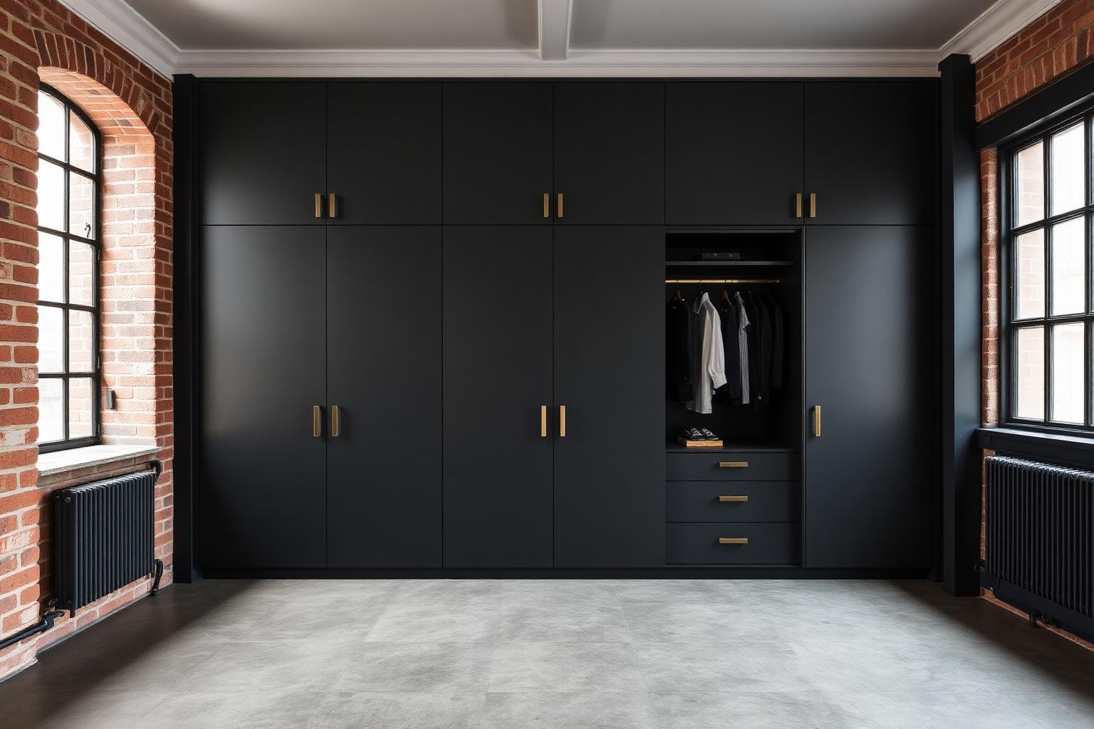 Full-height handleless flat-slab fitted wardrobes in deep matte charcoal in a London warehouse conversion bedroom